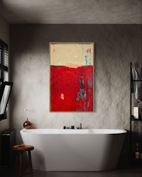 an abstract painting in a bathroom with a bathtub